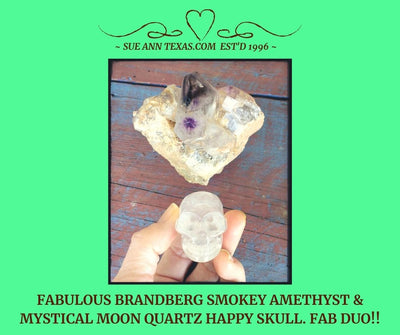 Brandberg Smokey Amethyst & Mystical Moon Quartz Happy Skull! Fabulous Duo!! - SueAnnTexas.Com & The Shoppe