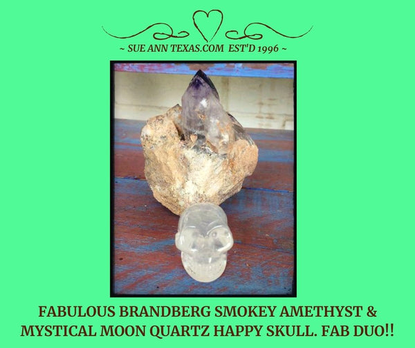 Brandberg Smokey Amethyst & Mystical Moon Quartz Happy Skull! Fabulous Duo!! - SueAnnTexas.Com & The Shoppe