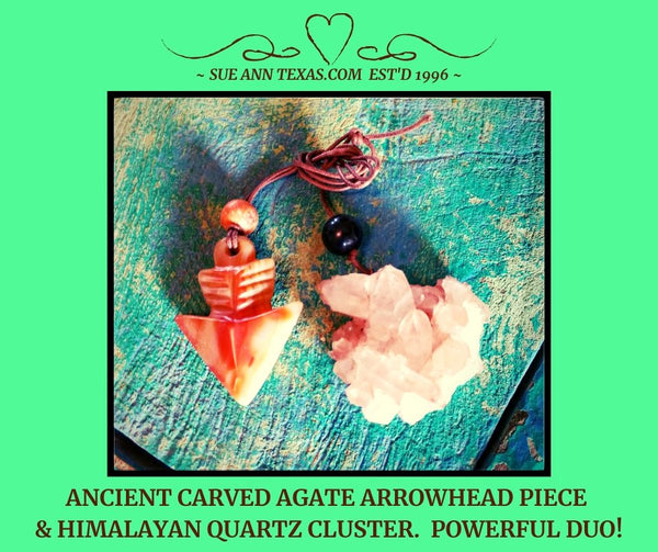 Rare Ancient Agate Arrowhead & Himalayan Quartz Cluster. Vibes for Being "The Calm Warrior of Light" & Hitting Your Mark! Makes a Helpful Energy Vortex, Yep!! Dated 3,500-2,200 B.C. - SueAnnTexas.Com & The Shoppe