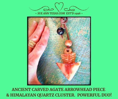 Rare Ancient Agate Arrowhead & Himalayan Quartz Cluster. Vibes for Being "The Calm Warrior of Light" & Hitting Your Mark! Makes a Helpful Energy Vortex, Yep!! Dated 3,500-2,200 B.C. - SueAnnTexas.Com & The Shoppe